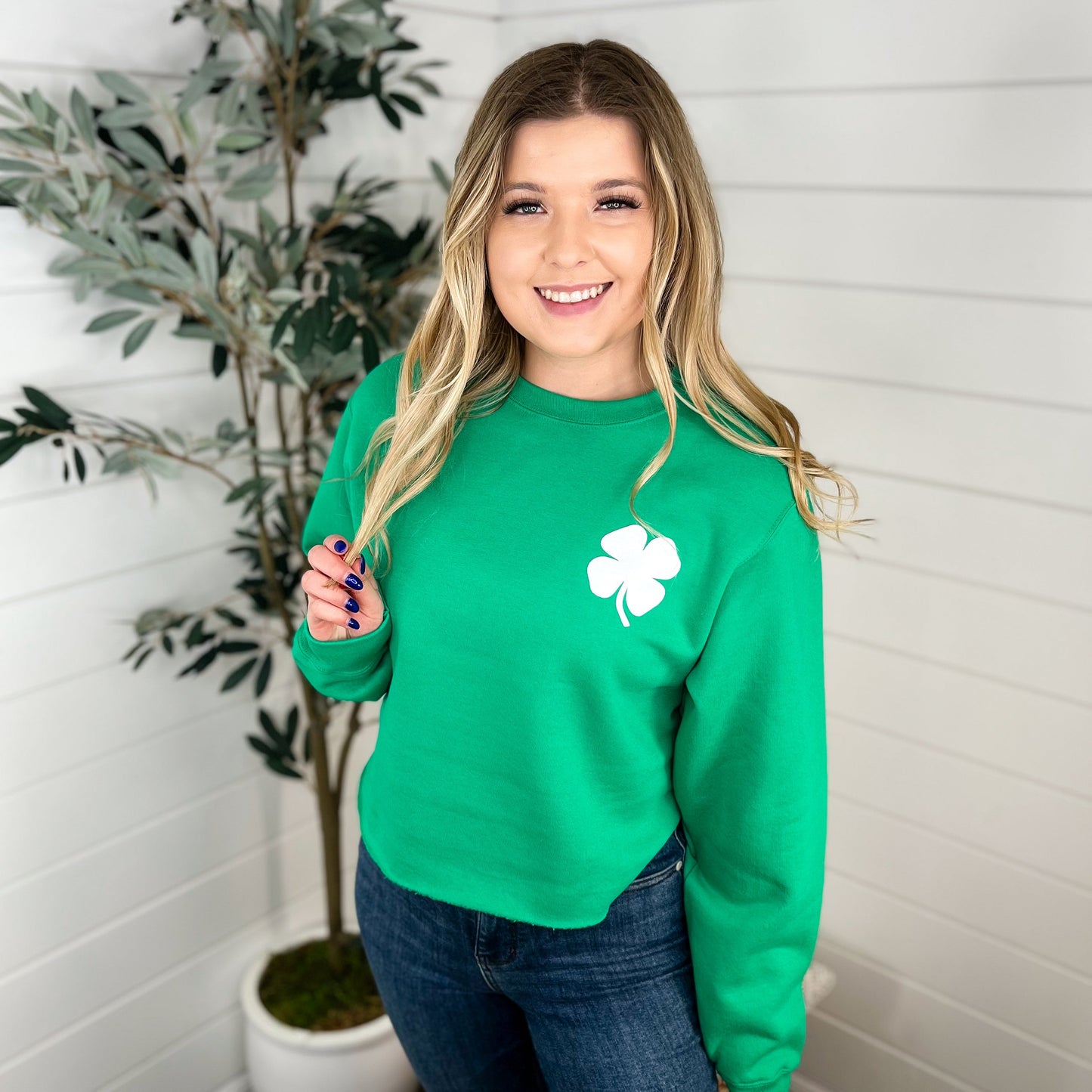 May Be Tipsy Cotton Blend Long Sleeve Green Avery Mae Cropped Graphic Crewneck Sweatshirt