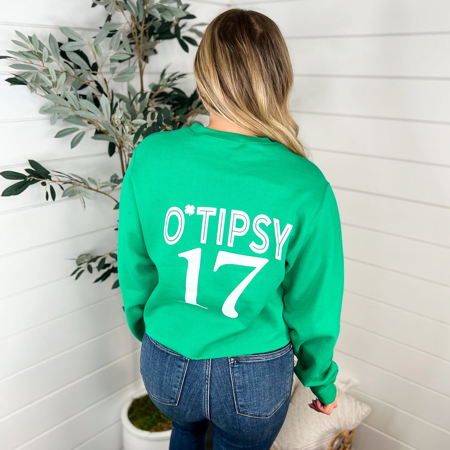 May Be Tipsy Cotton Blend Long Sleeve Green Avery Mae Cropped Graphic Crewneck Sweatshirt