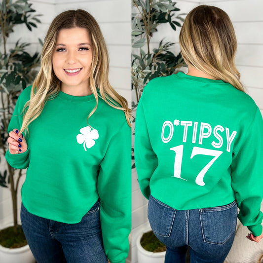 May Be Tipsy Cotton Blend Long Sleeve Green Avery Mae Cropped Graphic Crewneck Sweatshirt