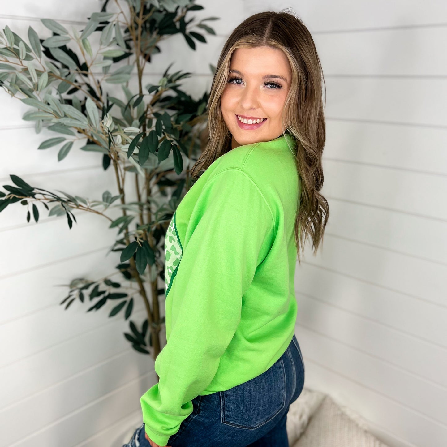 Lucky Smile Cotton Blend Long Sleeve Green Avery Mae Graphic Crewneck Sweatshirt