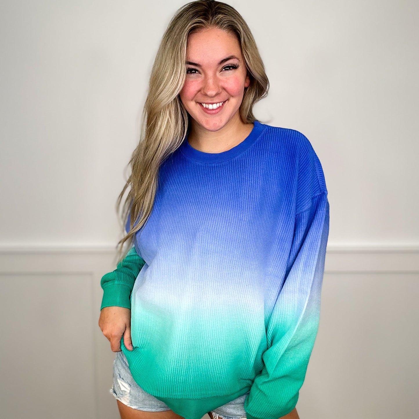 Getting Comfy Corded Cotton Long Sleeve Ombré Avery Mae Crewneck Sweatshirt - 5 colors!