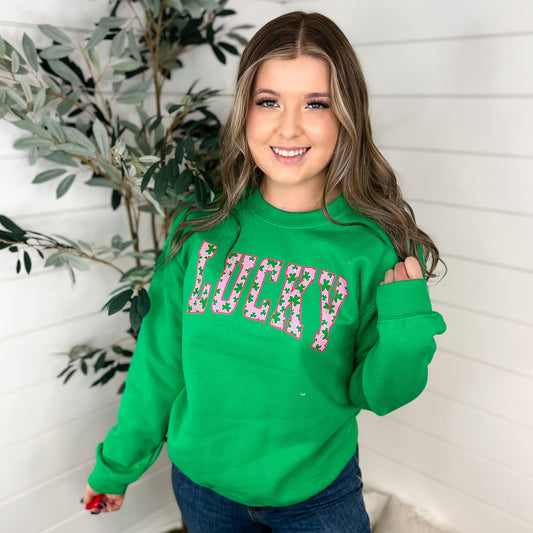 The Lucky One Cotton Blend Long Sleeve Green Avery Mae Graphic Crewneck Sweatshirt