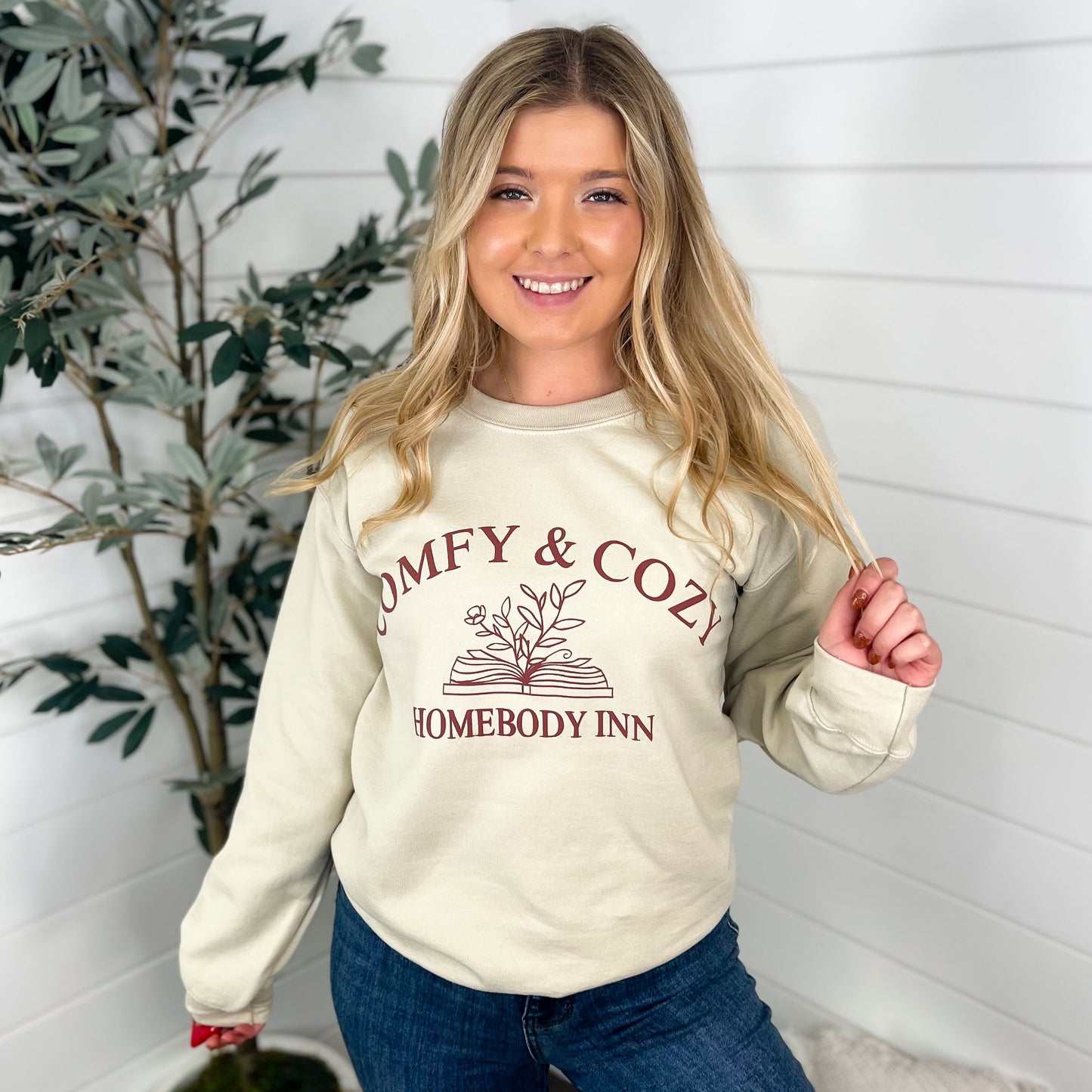 Stay at the Homebody Inn Cotton Blend Long Sleeve Sand Avery Mae Graphic Crewneck Sweatshirt