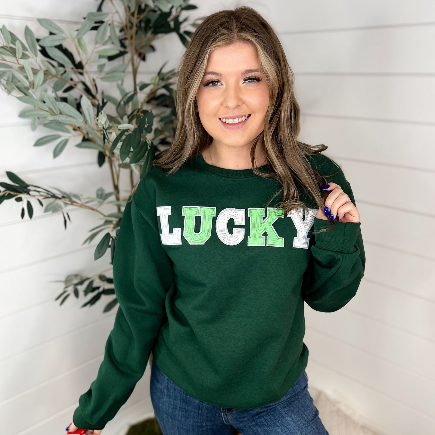 Lucky Cotton Blend Long Sleeve Green Avery Mae Graphic Crewneck Sweatshirt