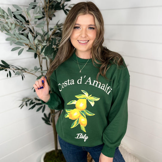 Costa D' Amalfi Cotton Blend Long Sleeve Green Avery Mae Graphic Crewneck Sweatshirt