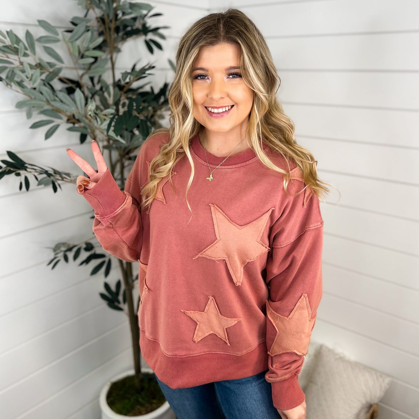 White Birch A Rising Star Cotton Long Sleeve Rose Pink Crewneck Sweatshirt