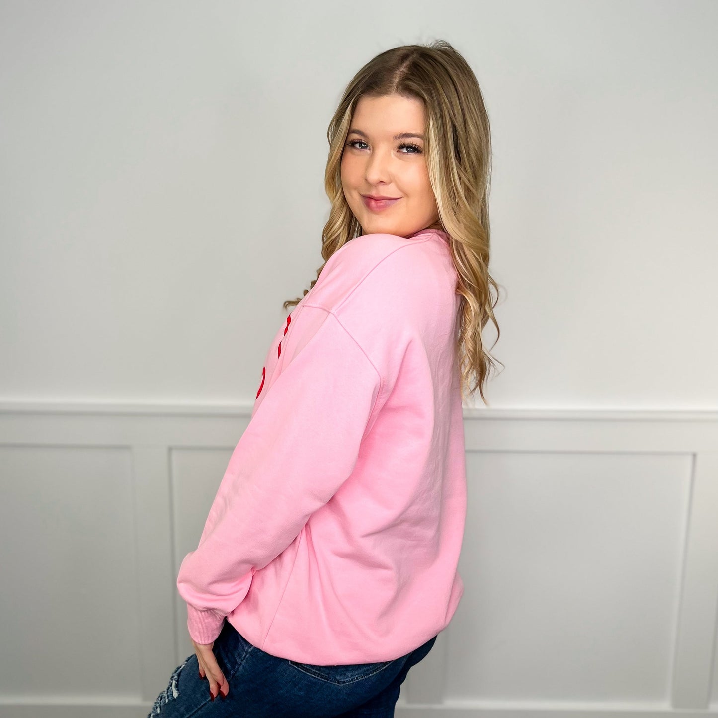 XOXO Love Cotton Blend Long Sleeve Pink Avery Mae Graphic Crewneck Sweatshirt