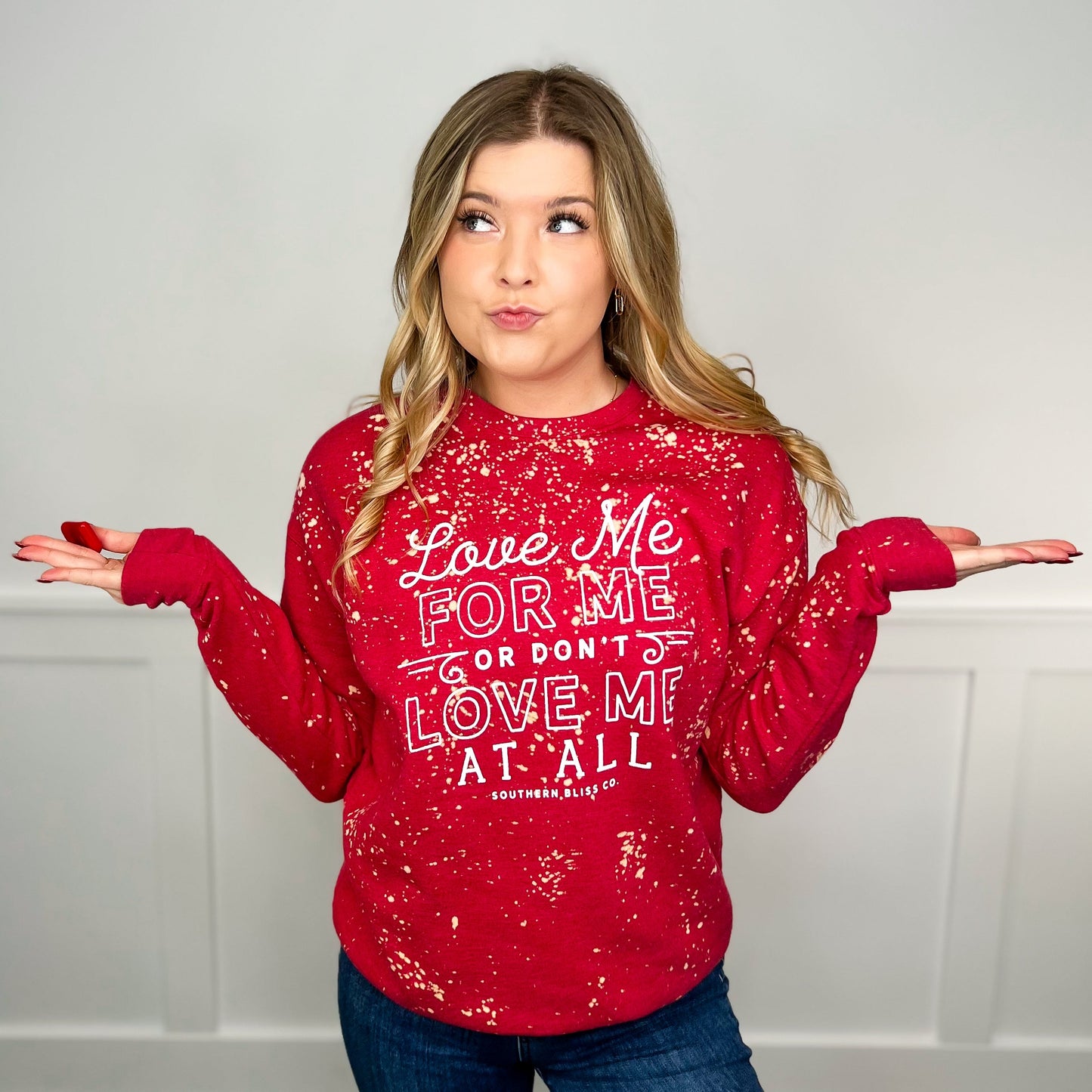 Love Me For Me Cotton Blend Bleached Long Sleeve Red Avery Mae Graphic Crewneck Sweatshirt