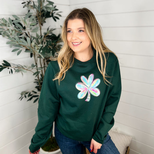 Colorful Clover Cotton Blend Long Sleeve Green Avery Mae Graphic Crewneck Sweatshirt