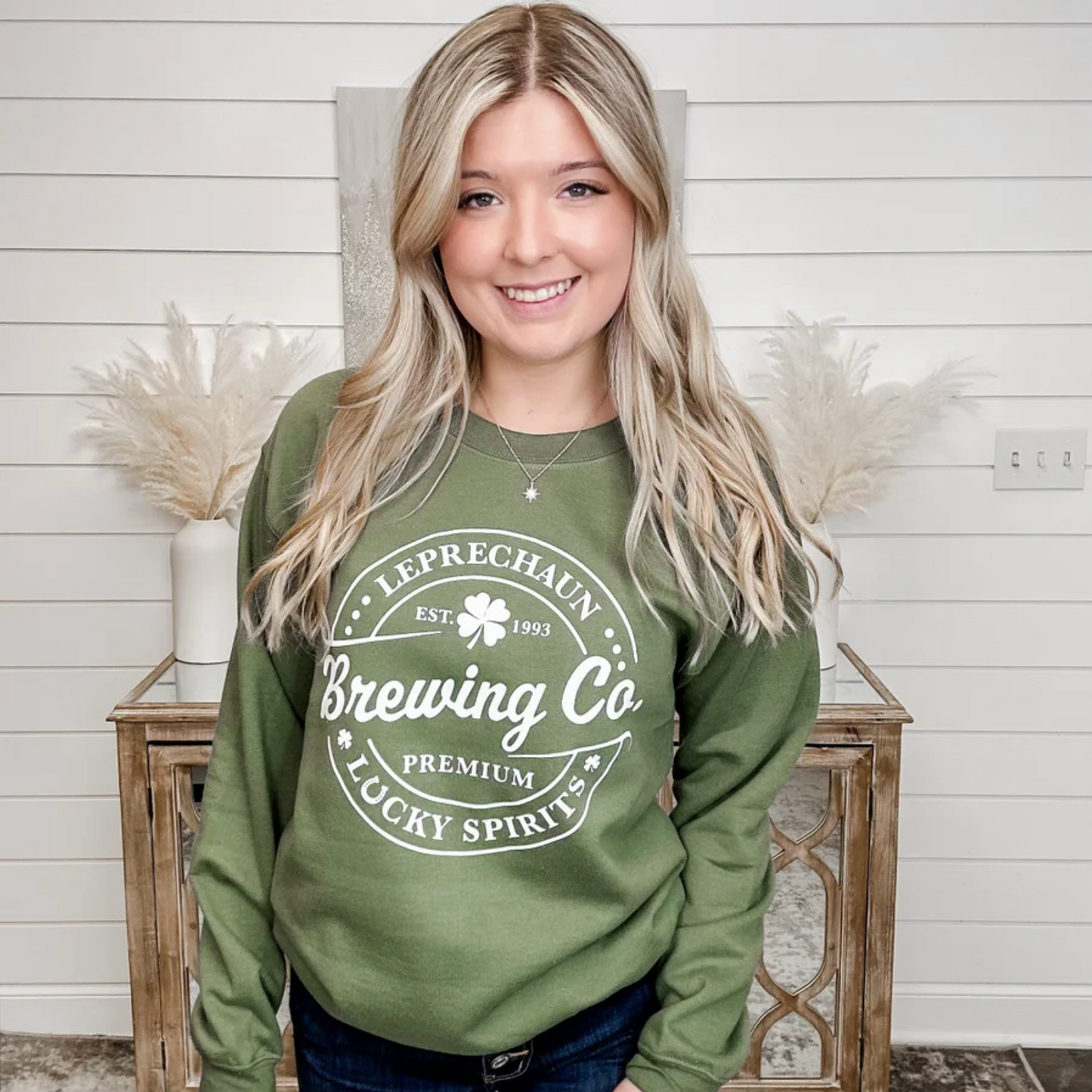 Leprechaun Brewing Cotton Blend Long Sleeve Green Avery Mae Graphic Crewneck Sweatshirt