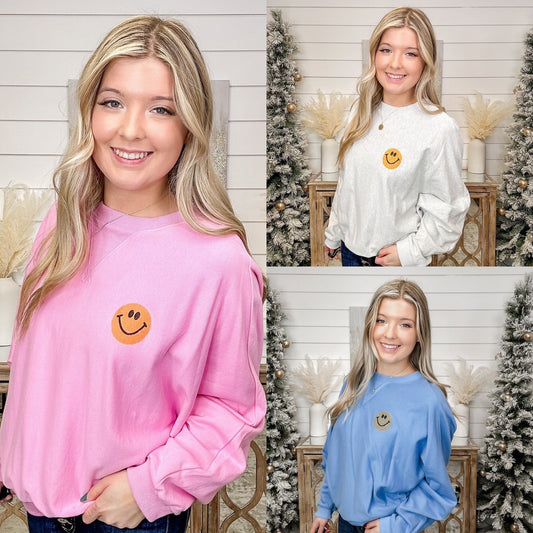 Easel Smiley Crew Cotton Long Sleeve Graphic Crewneck Sweatshirt - 3 colors!