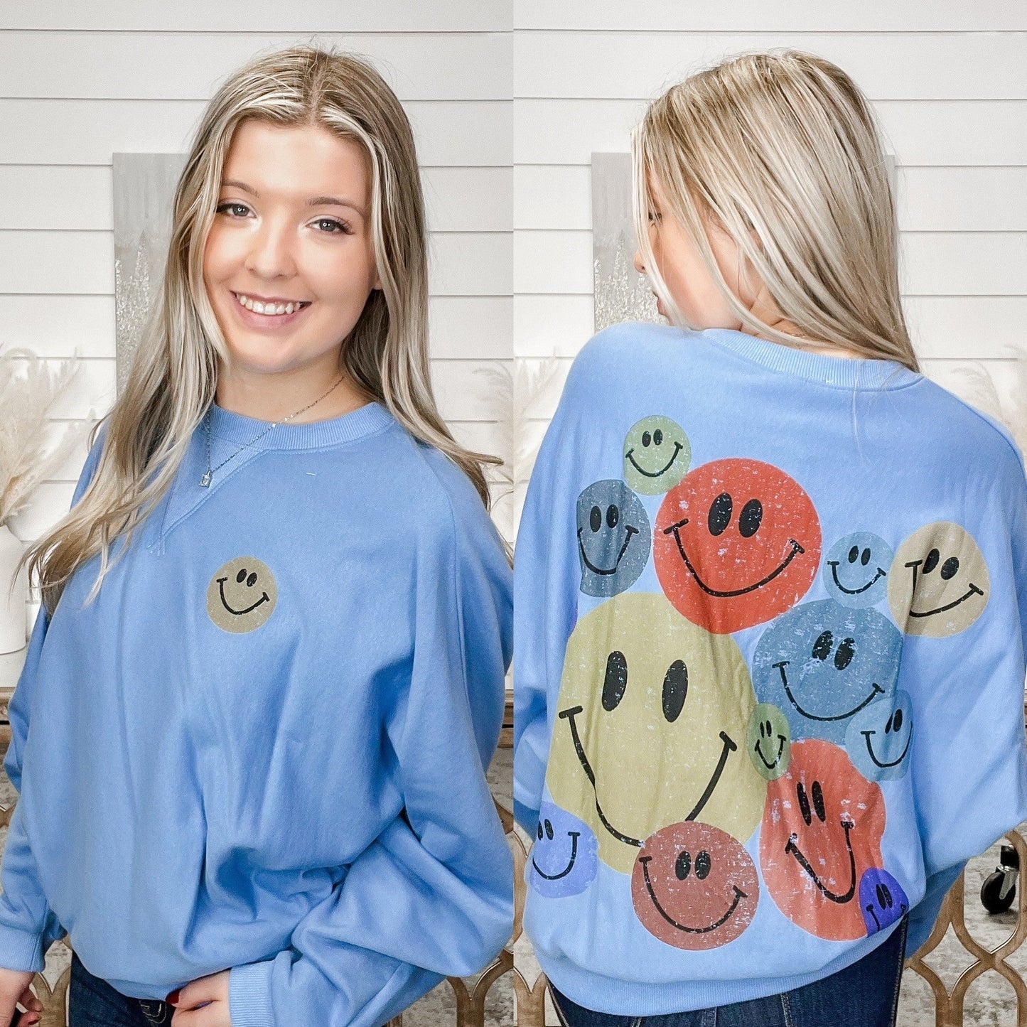 Easel Smiley Crew Cotton Long Sleeve Graphic Crewneck Sweatshirt - 3 colors!